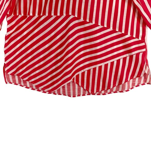 stripped red& white  blouse top V-neck chest pockets  3/4 sleeve size large - Picture 5 of 12